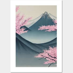 Cherry blossoms and mountains landscape Posters and Art